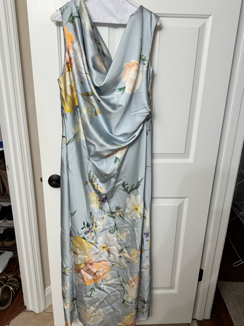 Dessy Group Floral Off-Shoulder Satin Gown in Pale Blue